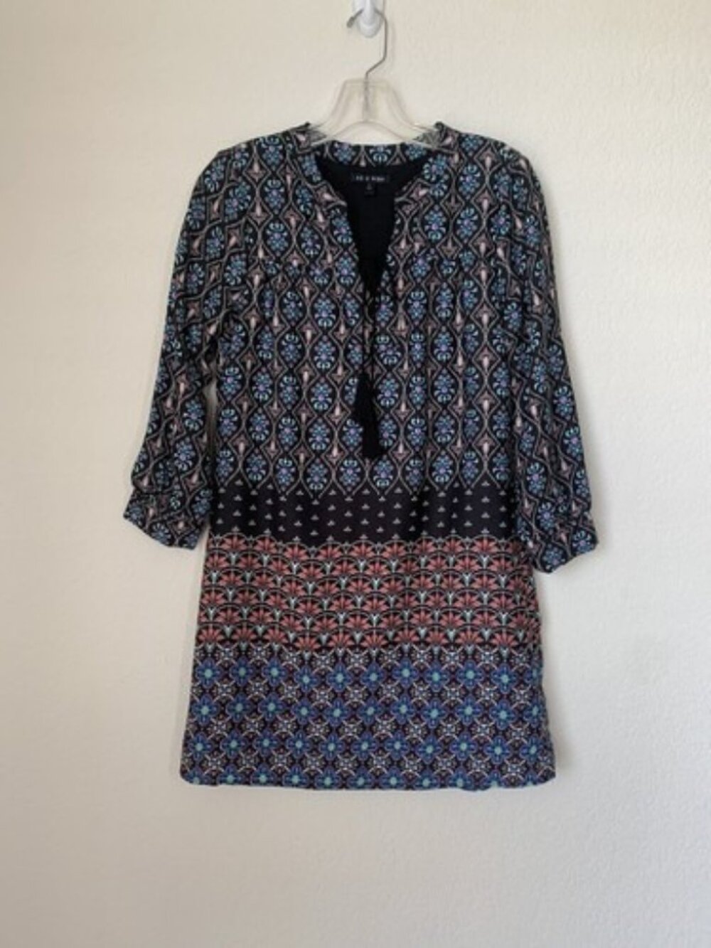 AS U WISH Black Floral Dress Short Shift Size Small Tassels BOHO Career Casual